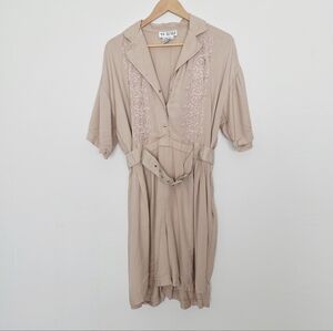 Together Vintage Tan Floral Embroidery Short Sleeves Collared Romper Size 14